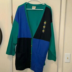 VTG Made in USA Country Collection WMN’s Sweater Cardigan Top XL Blue/Blk/Grn